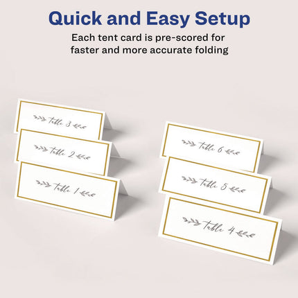 Tent Cards, White/Gold, 3.75" x 1.44", 6 Cards/Sheet, 25 Sheets/Pack