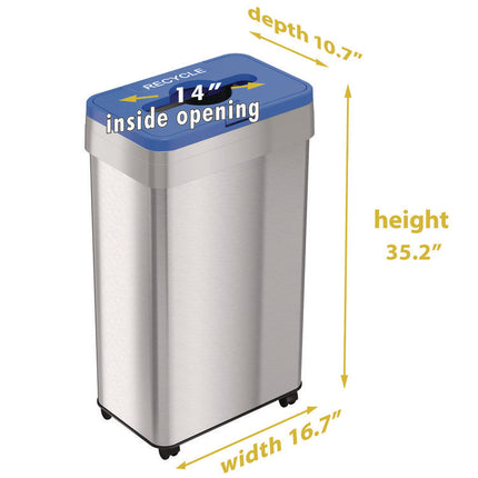 Open Top Recycling Bin with Wheels and Color-Coded Lid, 21 gal, Plastic/Stainless Steel, Silver/Blue