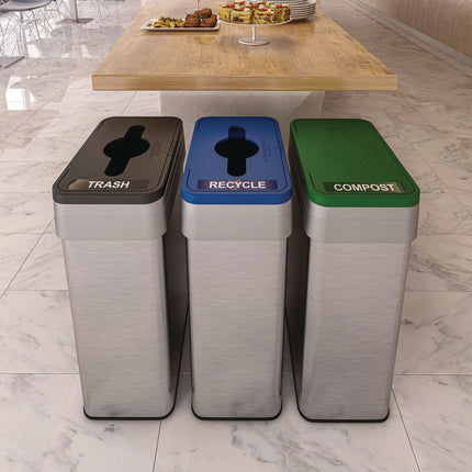 Open Top Recycle Bin with Color-Coded Lid, 21 gal, Plastic/Stainless Steel, Silver/Blue