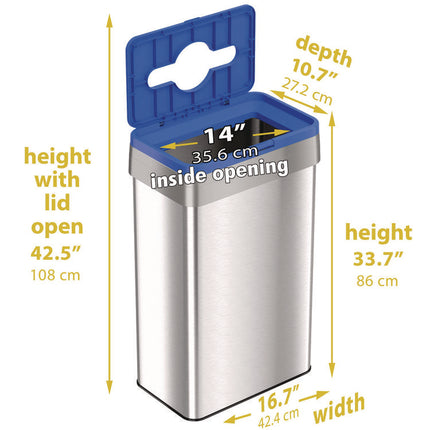 Open Top Recycle Bin with Color-Coded Lid, 21 gal, Plastic/Stainless Steel, Silver/Blue