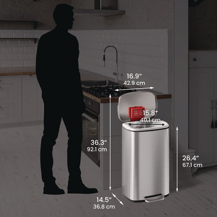 Step Pedal Trash Can, 13 gal, Plastic/Stainless Steel, Silver