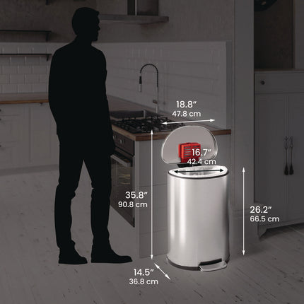 Fire-Resistant Step Pedal Trash Can, 13 gal, Plastic/Stainless Steel, Silver