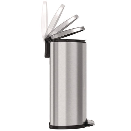 Step Pedal Trash Can, 13 gal, Half-Round Plastic/Stainless Steel, Silver