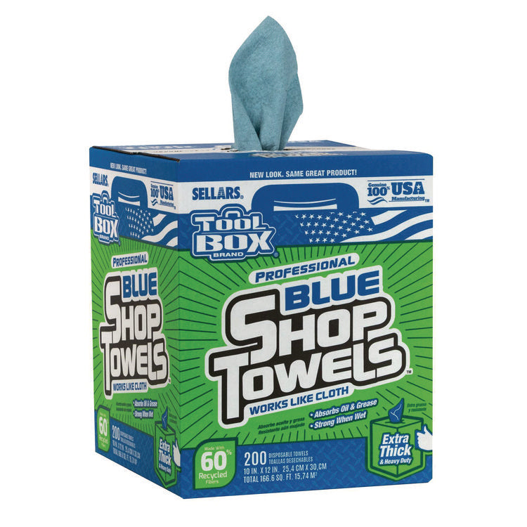 TOOLBOX Blue Shop Towels, 1-Ply, 10 x 12, Blue, 200 Sheets/Box, 4 Boxes/Carton