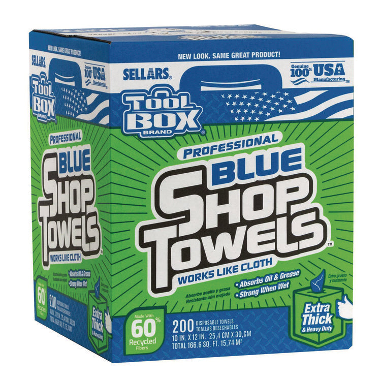TOOLBOX Blue Shop Towels, 1-Ply, 10 x 12, Blue, 200 Sheets/Box, 4 Boxes/Carton