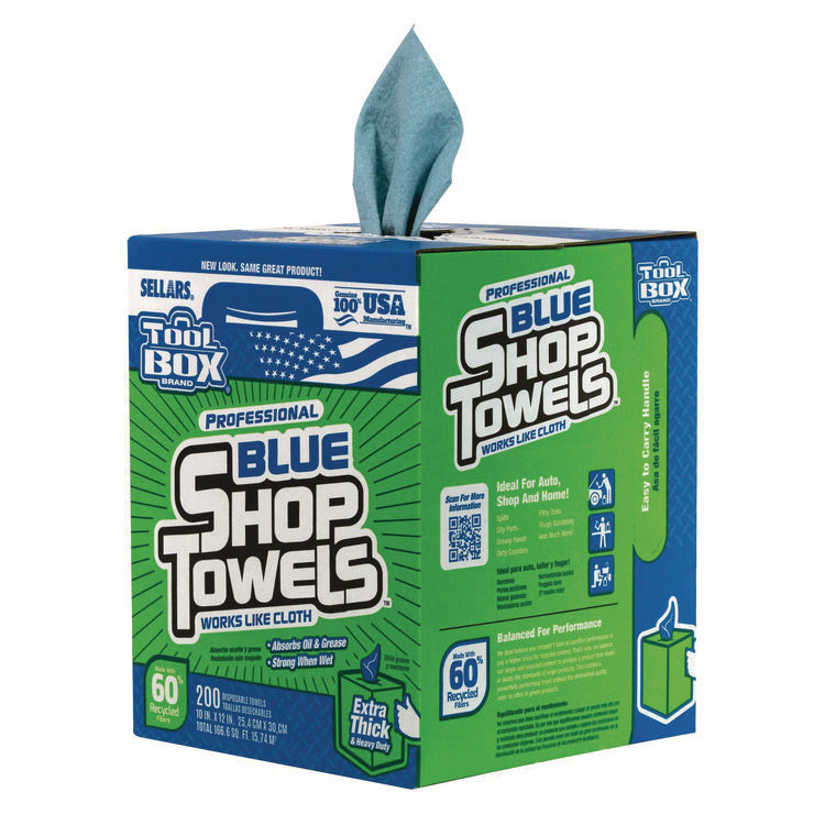 TOOLBOX Blue Shop Towels, 1-Ply, 10 x 12, Blue, 200 Sheets/Box, 4 Boxes/Carton
