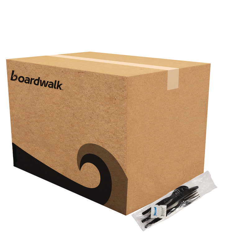 Six-Piece Cutlery Kit, Heavyweight, Fork/Knife/Napkin/Pepper/Salt/Spoon, Plastic, Black, 250/Carton