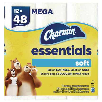 Essentials Soft Bathroom Tissue, Septic Safe, 2-Ply, White, 330 Sheets/Roll, 12 Rolls/Pack, 4 Packs/Carton