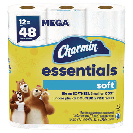 Essentials Soft Bathroom Tissue, Septic Safe, 2-Ply, White, 330 Sheets/Roll, 12 Rolls/Pack, 4 Packs/Carton
