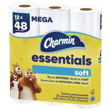 Essentials Soft Bathroom Tissue, Septic Safe, 2-Ply, White, 330 Sheets/Roll, 12 Rolls/Pack, 4 Packs/Carton