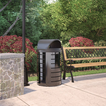 Outdoor Decorative Metal Trash Can with Roto-Molded Lid, 35.38 gal, Plastic, Black