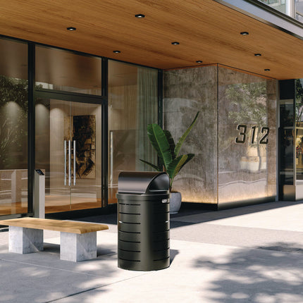 Outdoor Decorative Metal Trash Can with Roto-Molded Lid, 35.38 gal, Plastic, Black