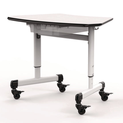 Height-Adjustable Trapezoid Student Desk with Drawer, 60.25 x 21 x 32 to 38, White