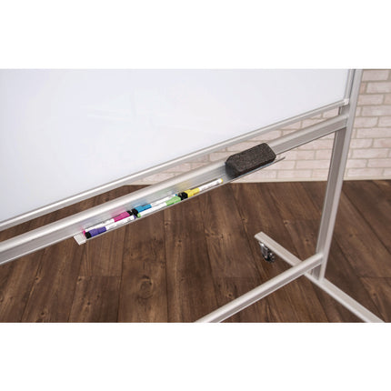 Mobile Magnetic Glass Dry Erase Board, 60" x 40", White Surface, Silver Aluminum Frame