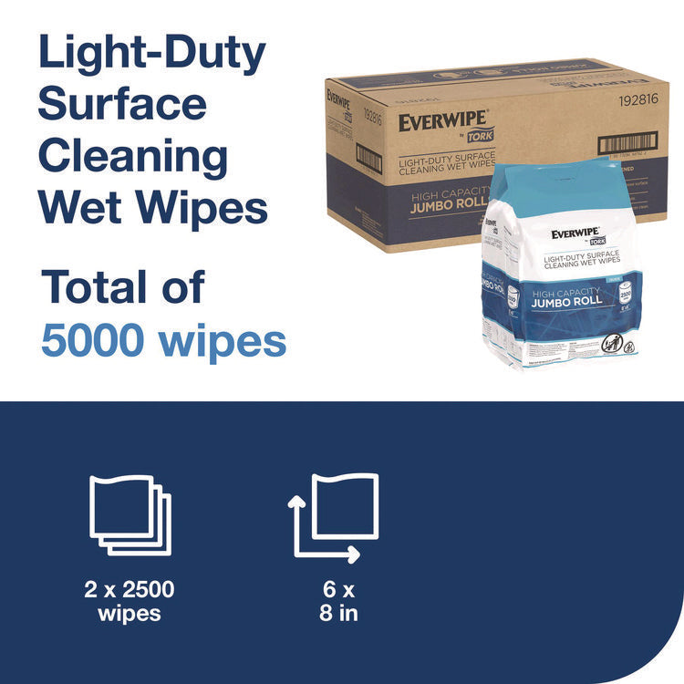 Light-Duty Surface Cleaning Wet Wipe, 1-Ply, 8 x 6, Unscented, White, 2,500 Sheets/Roll, 2 Rolls/Carton
