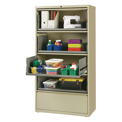 Combo Lateral File Cabinet and Rollout File Shelf, 4 Letter/Legal/A4-Size Shelves and 1 Drawer, Putty, 36" x 18.63" x 68.63"