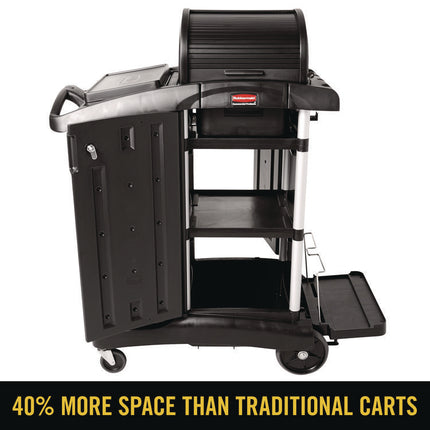 Executive High Security Janitorial Cleaning Cart, Plastic, 4 Shelves, 1 Bin, 23.1" x 39.6" x 27.5", Black