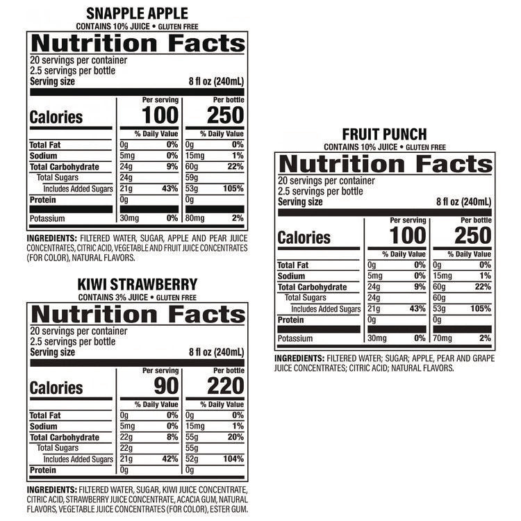 Juice Drink Variety Pack, Snapple Apple, Kiwi Strawberry, Mango Madness, 20 oz Bottle, 24/Carton