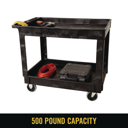 Heavy-Duty Flat-Handle Maintenance/Utility Cart, Plastic, 2 Shelves, 500 lb Capacity, 24" x 40" x 31.25", Black