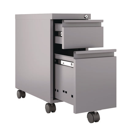 Box/File Slim Desk Pedestal, 2 Drawers: Box/File, Letter/Legal, Arctic Silver, 10" x 19.88" x 21.75"