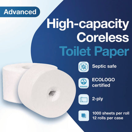 Advanced Coreless High Capacity Bath Tissue, 2-Ply, White, 1,000 Sheets/Roll, 12 Rolls/Carton