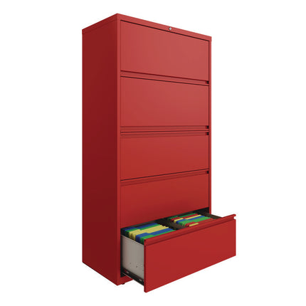Lateral File, 5 Letter/Legal/A4 -Size File Drawers, Lava Red, 36" x 18.63" x 67.63"