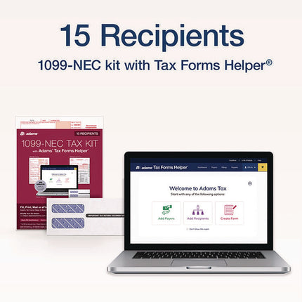 4-Part 1099-NEC Tax Form Kit with Security Envelopes and Tax Forms Helper, 2024, 8.5 x 3.66, 3 Forms/Sheet, 15 Forms Total
