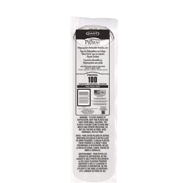 Prima Strawless Plastic Lids, Fits 30 oz to 32 oz Cold Cups, Clear, 100/Sleeve, 12 Sleeves/Carton
