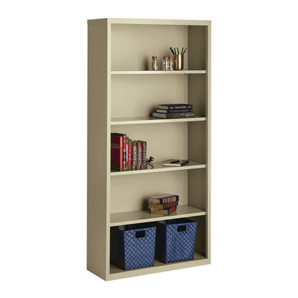 Five-Shelf Metal Bookcase, 34.5" x 13" x 72", Putty