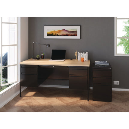 Double Pedestal Steel Desk, 60" x 30" x 29.5", Maple/Black, Black Legs