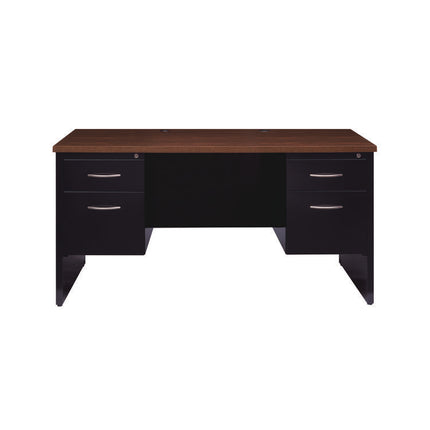 Executive Double Pedestal Steel Desks, 60" x 30" x 29.5", Black/Walnut