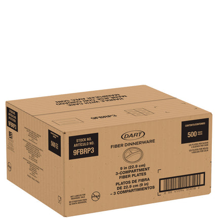 Compostable Molded Fiber Dinnerware, ProPlanet Seal, 3-Compartment Plate, 9" dia, Natural, 500/Carton