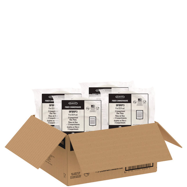 Compostable Molded Fiber Dinnerware, ProPlanet Seal, 3-Compartment Plate, 9" dia, Natural, 500/Carton