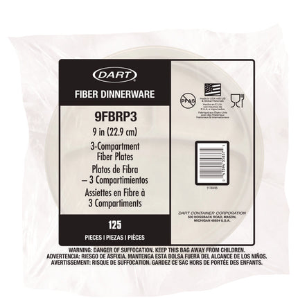 Compostable Molded Fiber Dinnerware, ProPlanet Seal, 3-Compartment Plate, 9" dia, Natural, 500/Carton
