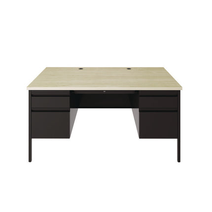 Double Pedestal Steel Desk, 60" x 30" x 29.5", Maple/Black, Black Legs