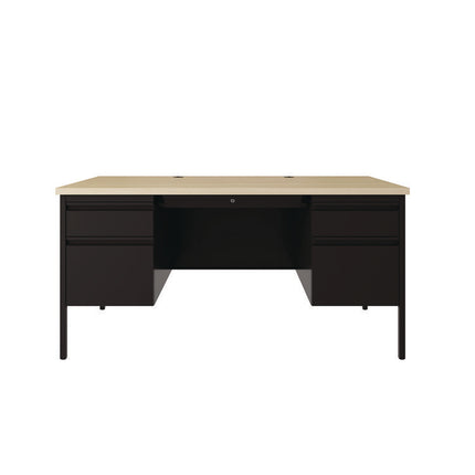 Double Pedestal Steel Desk, 60" x 30" x 29.5", Maple/Black, Black Legs