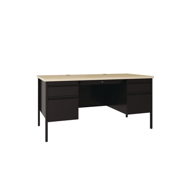 Double Pedestal Steel Desk, 60" x 30" x 29.5", Maple/Black, Black Legs