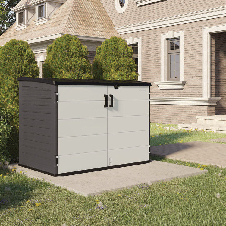 Stow-Away Horizontal Shed, 70 cu ft, 5 ft 10.5" x 3 ft 8.25" x 4 ft 4", Peppercorn/Passive/Black