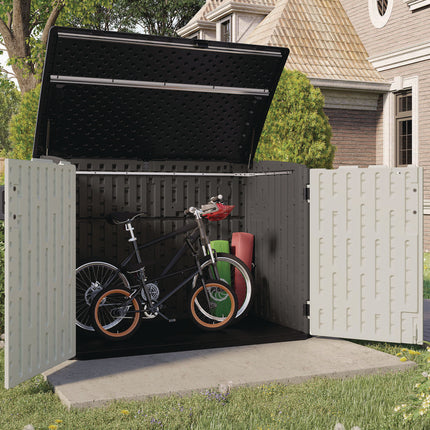 Stow-Away Horizontal Shed, 70 cu ft, 5 ft 10.5" x 3 ft 8.25" x 4 ft 4", Peppercorn/Passive/Black