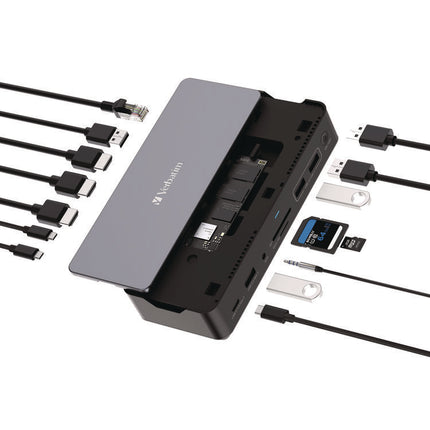 USB-C Pro Docking Station 15-in-1 256GB Vi3000 SSD, Audio/DisplayPort/HDMI/Micro SD/RJ45/SD/USB-A/USB-C, Gray