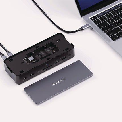 USB-C Pro Docking Station 15-in-1 256GB Vi3000 SSD, Audio/DisplayPort/HDMI/Micro SD/RJ45/SD/USB-A/USB-C, Gray