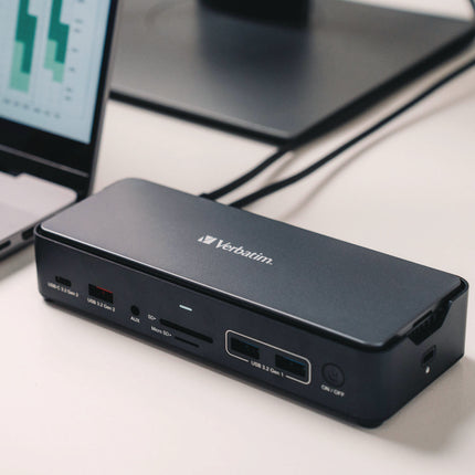 USB-C Pro Docking Station 15-in-1 256GB Vi3000 SSD, Audio/DisplayPort/HDMI/Micro SD/RJ45/SD/USB-A/USB-C, Gray