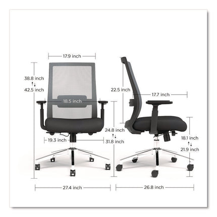 Alera Ashdale Ergonomic Fabric Swivel Task Chair, Supports 275 lb, 18.15 to 21.89 Seat Height, Black Seat/Back, Silver Base
