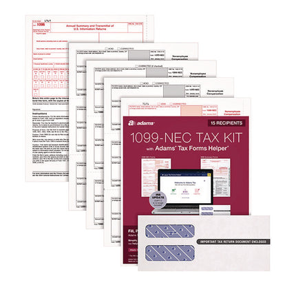 4-Part 1099-NEC Tax Form Kit with Security Envelopes and Tax Forms Helper, 2024, 8.5 x 3.66, 3 Forms/Sheet, 15 Forms Total