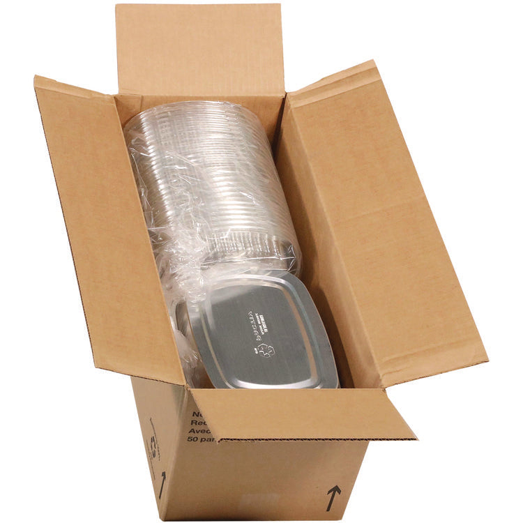 Classic Carry-Out Container with PET Dome Lid, 46 oz, 9.8 x 7.8 x 1.3, Silver/Clear, Aluminum, 50/Carton