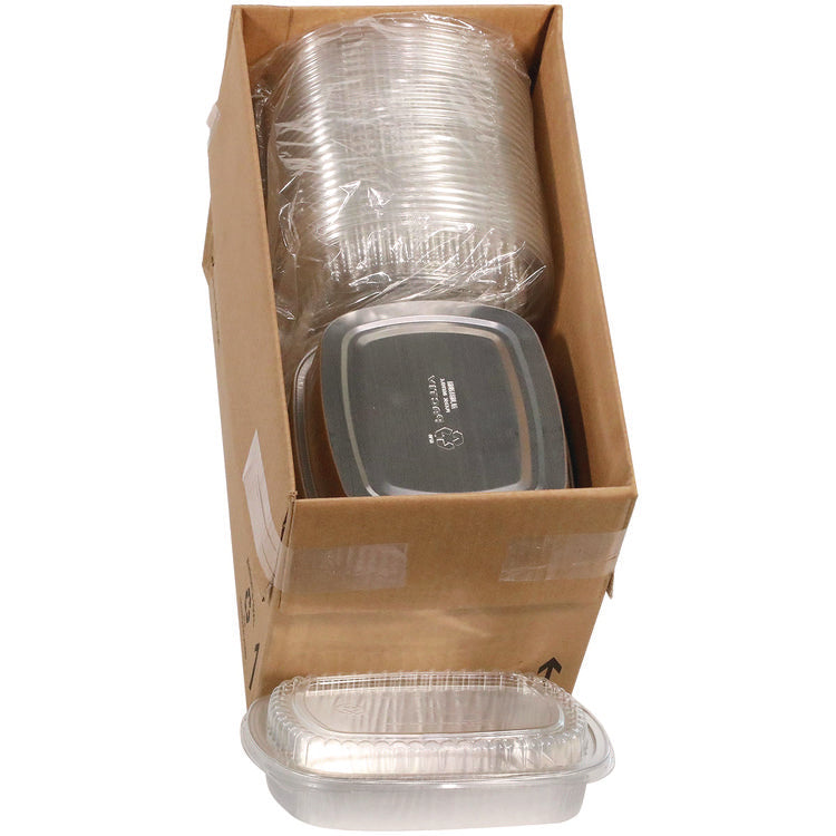 Classic Carry-Out Container with PET Dome Lid, 46 oz, 9.8 x 7.8 x 1.3, Silver/Clear, Aluminum, 50/Carton