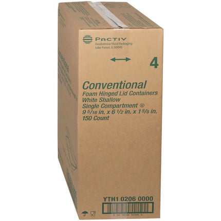 Conventional Foam Hinged Lid Container, Shallow, 9 x 6.5 x 1.6, White, 150/Carton