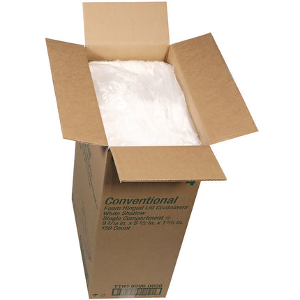 Conventional Foam Hinged Lid Container, Shallow, 9 x 6.5 x 1.6, White, 150/Carton