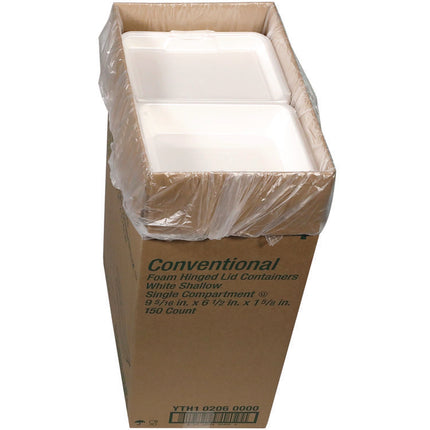 Conventional Foam Hinged Lid Container, Shallow, 9 x 6.5 x 1.6, White, 150/Carton