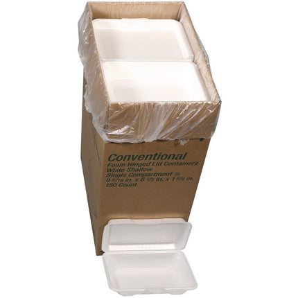 Conventional Foam Hinged Lid Container, Shallow, 9 x 6.5 x 1.6, White, 150/Carton